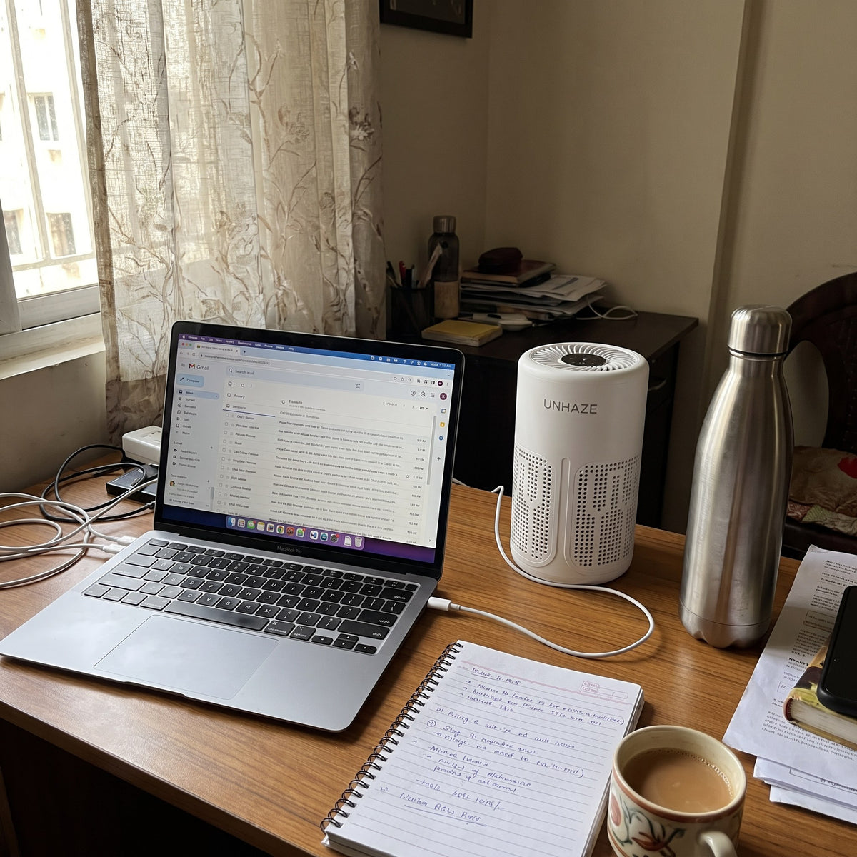 Unhaze D1 on a work-from-home desk next to a laptop