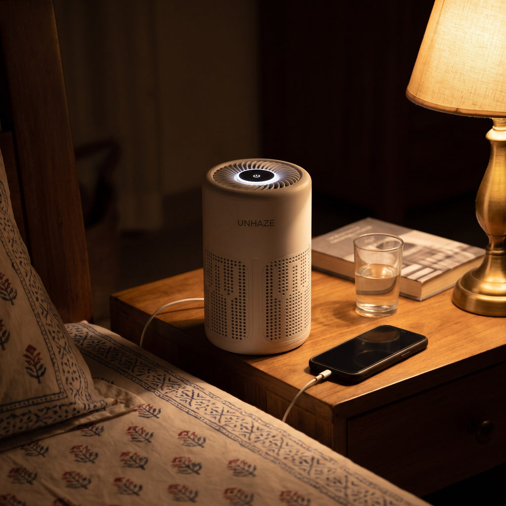 Unhaze D1 on a bedside table at night