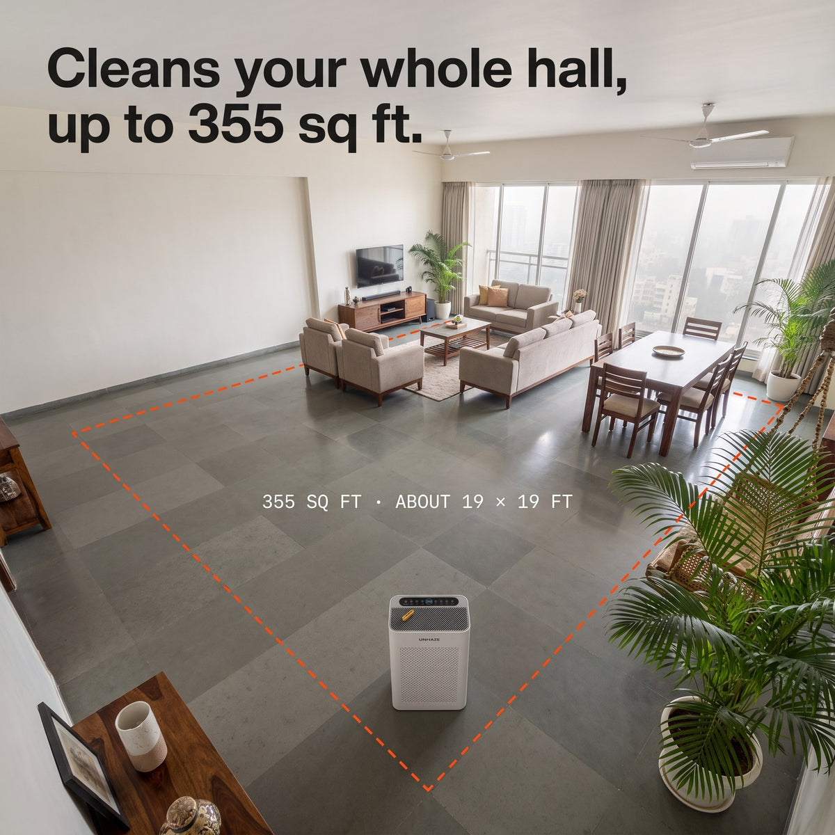 Unhaze S5 cleaning a whole 355 sq ft living and dining hall